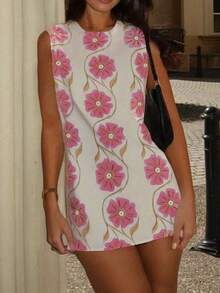 Ärmellose Damen Blumen-Tank-Kleid mit Rundhalsausschnitt, Strandtunika im A-Linie Stil, Sommerbeachwear - Heißes Pink - Übersicht 2
