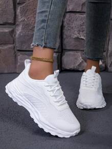 أحذية رياضية بيضاء كاجوال للنساء، لون أبيض سادة، قابلة للتنفس وعصرية، أحذية خارجية مريحة متعددة الاستخدامات للجري، مناسبة للربيع والخريف
