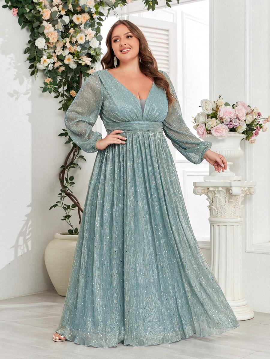 Vestido formal de manga larga con mangas farol y aplicaciones de lentejuelas para mujer de talla grande, elegante para baile de graduación, cena y boda