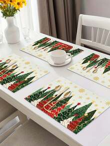 1/2/4pcs Christmas Theme Placemats, Fabric Design With Christmas Tree Pattern And Snowflake Elements, Polyester Placemats, 30x45CM, Suitable For Christmas Holiday Table Decor, Christmas Party Supplies - Multicolor - View 7