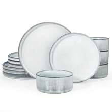 18 Pieces Dinner Sets For 6 People, Stoneware Dinnerware Sets With Dinner Plates/Salad Plate/Cereal Bowls, Dishwasher & Microwave Friendly, Cappuccino White