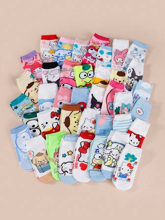  10 双装女士 Sanrio 卡通 My Melody、Cinnamoroll、Hello Kitty、Pompompurin 可爱清新动漫风格透气短袜