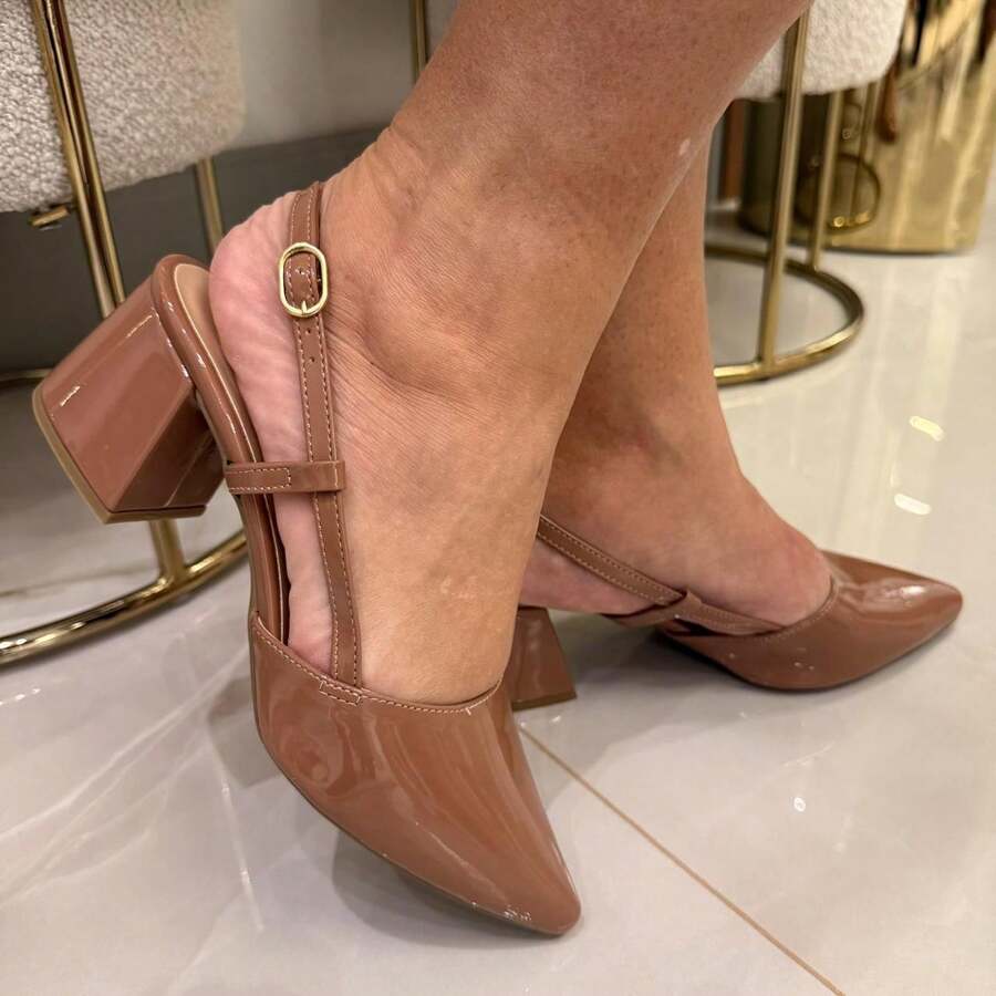 Show Show Women's Slingback Pumps, Formal Shoes, Buckle Straps, Pointed Toe, Low Block Heel, Comfortable - 裸色指甲油 - 查看 1