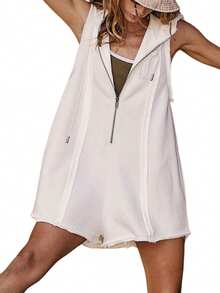 Short Half Zipper Sports Jumpsuit For Fitness Outdoor Leisure Sleeveless Loose Hoodie For Women - 白色 - 查看 1