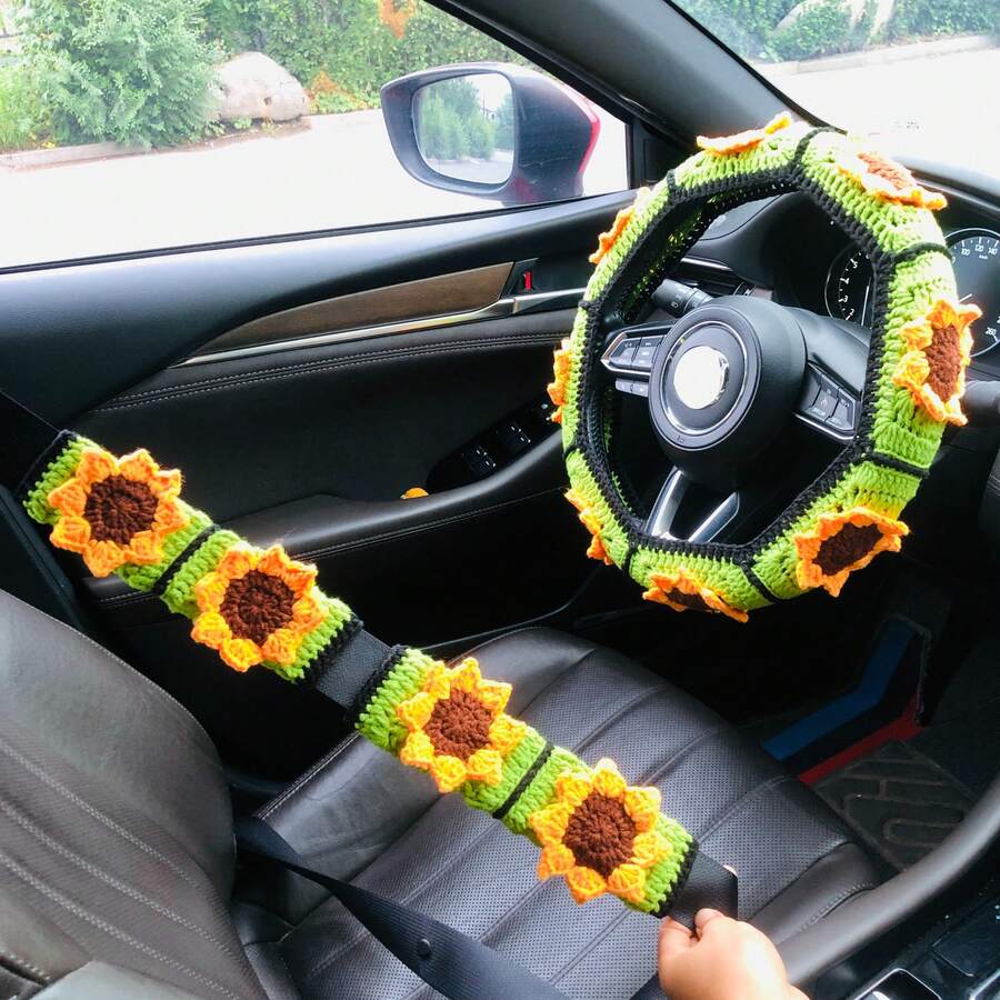 onEternal Handmade Crochet Sunflower Steering Wheel Cover And Seatbelt Cover Car Decor Set