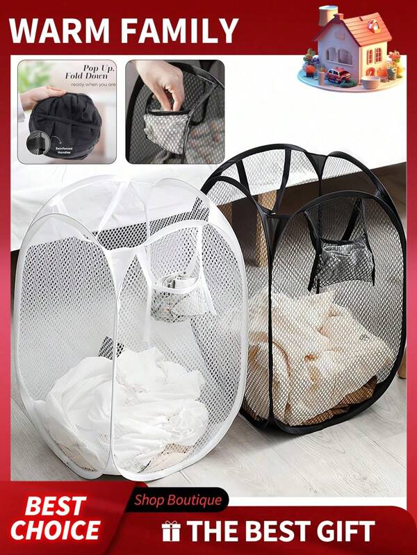 1pc Large Capacity Foldable Mesh Laundry Basket, For Storing Dirty Clothes,Pop-Up Laundry Hamper With Handles, Mesh Dirty Clothes Storage Hamper, Washing Basketbathroom Organizer, Basket, Storage Basket, Foldable Mesh Laundry Basket, For Dirty Clothes Storage