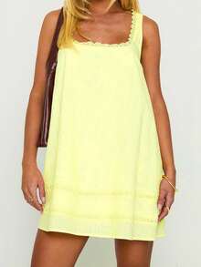 Women Loose Mini Dress Casual Summer Lace Patchwork Square Neck Sleeveless Party Dress For Beach Club Streetwear - Màu vàng - Xem 3