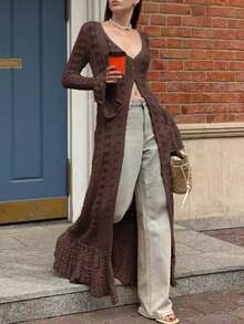 2025 Autumn/Winter New Women's Daily Casual Holiday Long Sleeve Button Minimalist Elegant Crochet Ruffled Hollow-Out Long Cardigan, Women's Streetwear, Y2K Fashion Spring - Mocha Brown - View 5