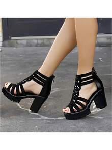 Sandalias De Tacón Grueso De Banda Cruzada Elástica De Punta Descubierta Para Mujer,Sandalias de tacón alto sexy con abertura en los dedos y tirantes de moda para mujer, Mujer minimalista con tacón grueso Sandalias con correa en el tobillo , tacones gruesos y suela gruesa para zapatos de fiesta,graduación, tacones de fiesta, - Negro - Ver 5