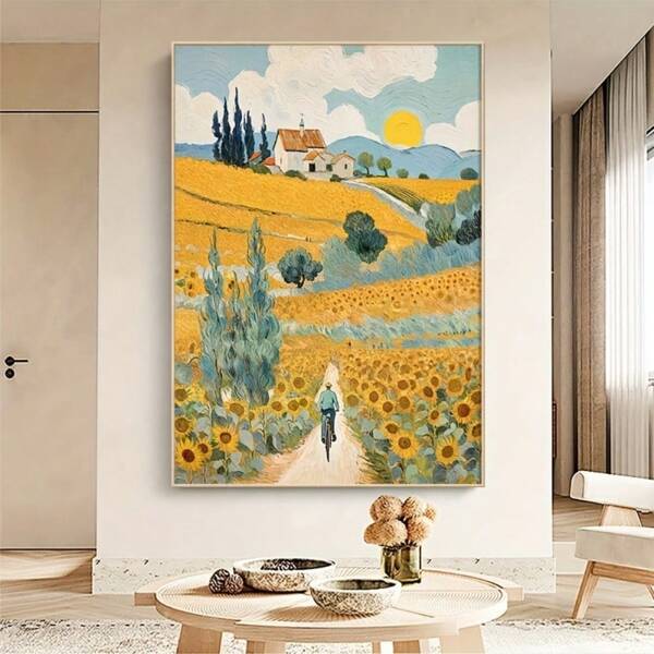 1 pieza Impresión de arte en lienzo sin marco - Escenario rural inspirado en Monet con girasoles y cabañas, pintura de paisaje minimalista moderna para decoración de sala de estar, dormitorio o comedor, obra de arte para comedor | Paisaje estilo Monet | Obra de arte de color vibrante, arte de pared en lienzo