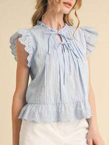 Women Flutter Sleeve Eyelet Shirt Casual Boho Crew Neck Peplum Blouse Tops Summer Y2k Babydoll Tank Top - 藍色 - 查看 4