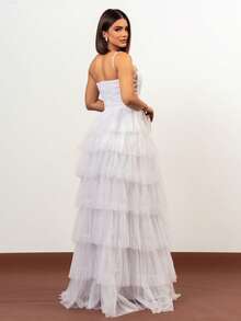 LONG WEDDING PARTY DRESS  BRIDESMAIDS CLASSIC TULLE WITH SHINE - WHITE - View 2