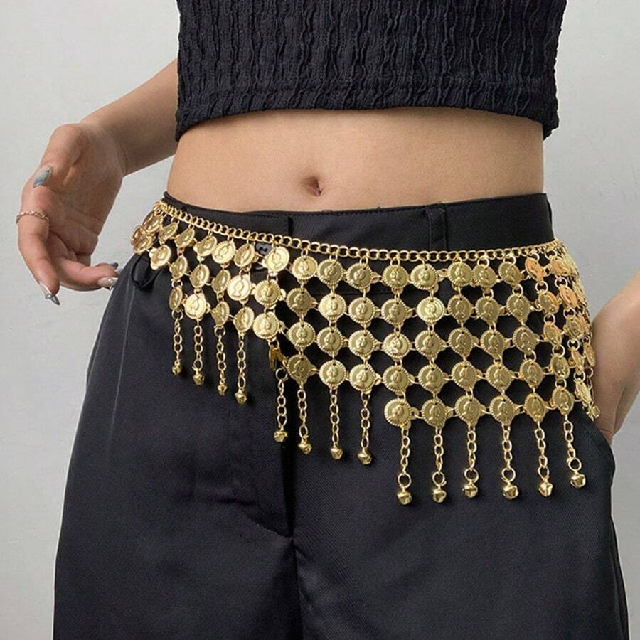 1 قطعة سلسلة خصر رقص بطن للنساء، وشاح خصر رقص بطن جديد وغريب، حزام خصر زي رقص مزين بشرابات وعملات معدنية، مناسب للخريف وعيد الهالوين