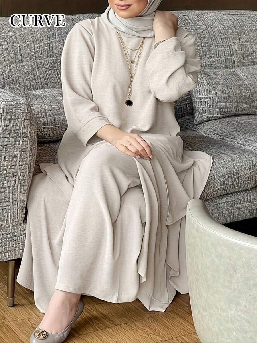 Damen elegantes einfarbiges langärmliges Top mit asymmetrischem Saum und lange Hose 2-teiliges Set, Große Größen, Frühling/Sommer - Aprikosenfarben - Übersicht 1