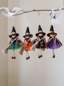 1 buc. Păpușă vrăjitoare de Halloween, decorațiune agățată cu mătură, decorațiuni agățate pentru mai multe festivaluri, decorațiuni interioare și exterioare: Crăciun, Anul Nou, toamnă și iarnă - formă de vrăjitoare din material textil durabil, modele violet/portocaliu/verde/alb-negru, decorațiuni figurină de colecție înfricoșătoare pentru petreceri de sărbători