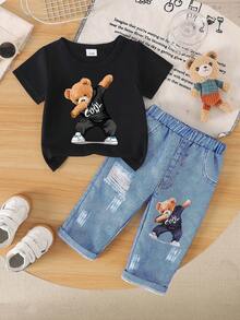 طقم ملابس علوية كم قصير وبنطلون مطبوع بطبعة الدب للأطفال الصبيان، مريح وعصري للصيف، خفيف الوزن - الأسود - مشاهدة 2