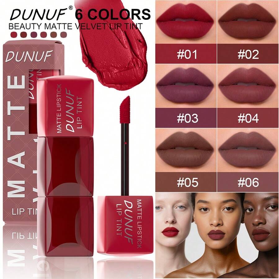 DUNUF 1pcs Matte Velvet Lip Gloss , Easy To Color, Lip Gloss, Waterproof, Sweat-Proof, Non-Stick To Cup, Non-Fading, Long-Lasting, Exquisite, Suitable For Gifts, Festival Makeup, And Performance Makeup - 彩色 - 查看 1