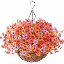 Artificial Silk Flowers Hanging Basket Outdoor Indoor, Daisy With Eucalyptus Leaves Arrangement Garden Yard Spring Summer Decor, Faux Green Plant In Metal Coconut Pot(Red Purple)Valentine's Day JAHF - 橙色 黃色 紫色 粉紅色 - 查看 9