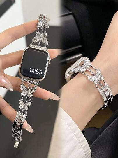 1 Pc Glitter Silver Metal Hollow Butterfly Crystal Diamond Embedded Heart Design Apple Watch Band, Fashion & Creative For Apple Watch Ultra/Series 3/SE/Series 1-8, 38mm-49mm, Elegant Gift For Girlfriend, Boyfriend, Family
