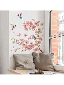 粉色花朵丛林蝴蝶鸟类可移除儿童房墙贴，适合女孩 - 自粘式儿童房装饰贴花，可重新定位粉色蝴蝶鸟花卉乙烯基墙贴，易于粘贴 - 彩色 - 查看 10