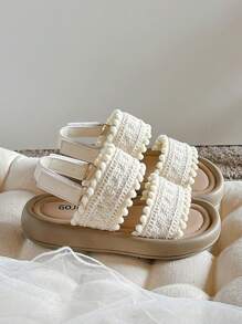 一双女童编织公主风软底沙滩鞋适合夏季小中童鞋大童魔术贴女童沙滩鞋 - 米色 - 查看 6