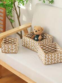 1pc Handwoven Storage Basket, Multipurpose Desktop Organizer Box, Living Room Storage Bin, Can Store Snacks, Toys, Keys And Small Items, Bohemian Geometric Woven Basket, Wooden Rattan Planter Stand, Mixed Natural Rope Decor, Creates Coastal Ambiance. - square - View 10