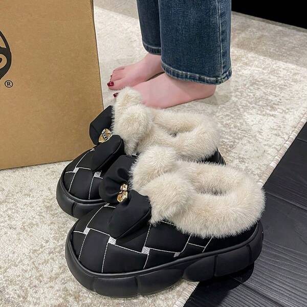 Damskie, jesienno-zimowe, pluszowe, ciepłe, antypoślizgowe kapcie z zakrytymi palcami i motywem uszu królika, płaskie kapcie domowe, puszyste buty dla dorosłych