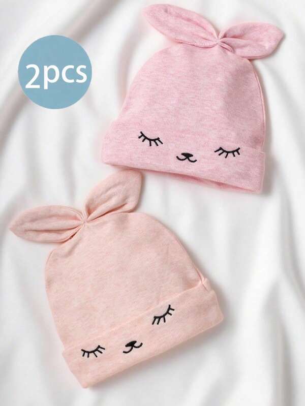 2 Pcs Baby Hats With Eyelash Embroidery, Rabbit Ear Design, Suitable For 3-12 Months Old Babies