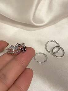 4pcs/Set Girls' Simple Design Zirconia Inlaid Open Ring, Fashionable & Versatile Jewelry - Multicolor - View 4