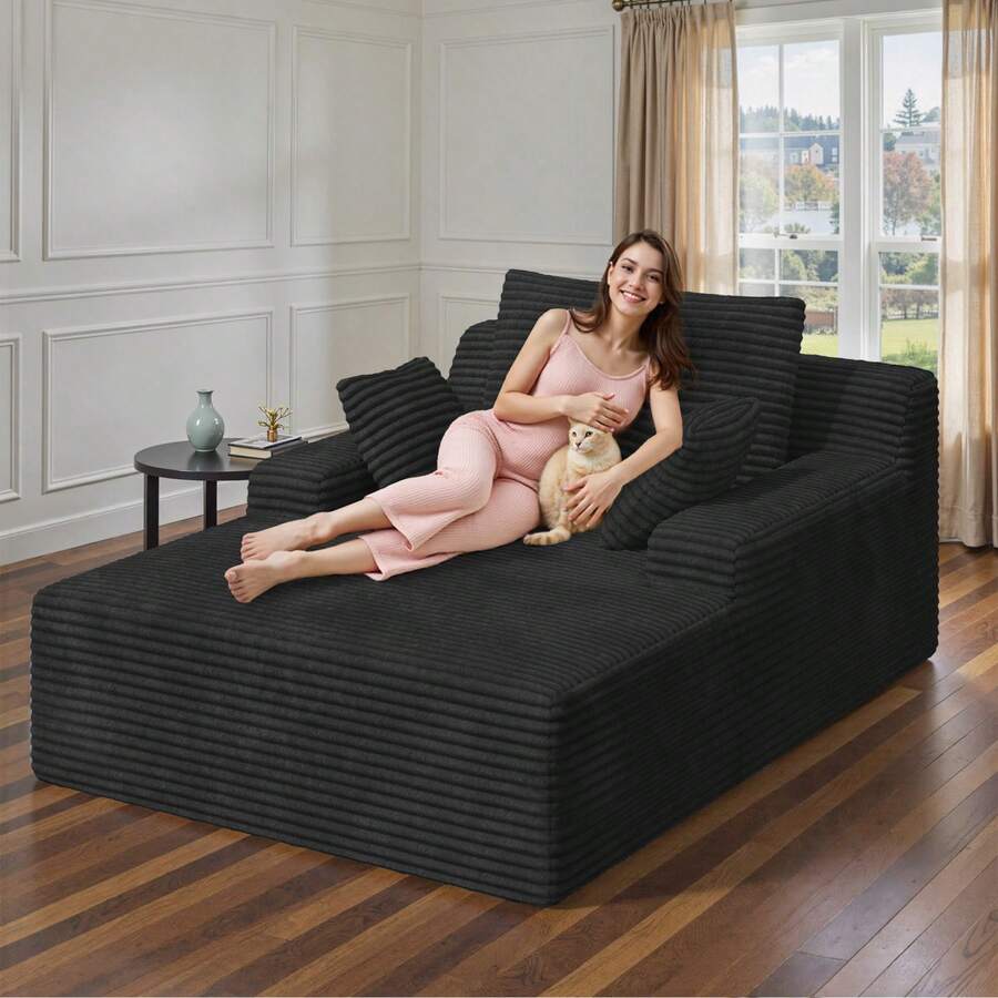 Nalupatio 51'' Oversized Chaise Lounge Chair Indoor, Non-Assembly Deep Seat Sofa Bed Corduroy Sleeper Cloud Couch With 2pcs Pillows For Reading Living Room - 黑色 - 查看 1
