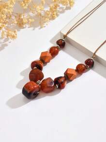 1 件波西米亚复古木质八角形串珠手工吊坠项链，夸张短款颈链，适合女士