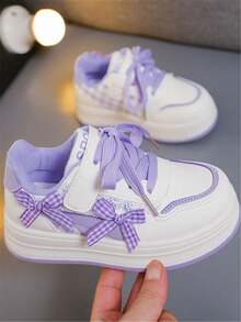1 par de zapatos deportivos planos, versátiles y casuales para niñas, con correa de punto con lazo, suela suave y cómoda, cierre de gancho y bucle, adecuados para todas las estaciones
