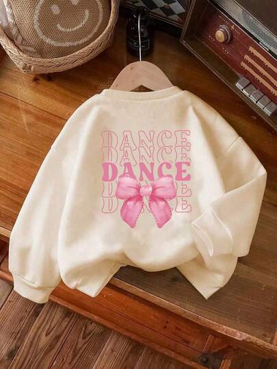 1 女童长袖圆领套头衫，带有“蝴蝶结”印花图案，为年轻女孩/青少年女孩提供舒适、时尚、休闲的秋冬新款上衣