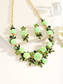 3pcs/Set Elegant Luxury Enamel & Metal 3d Flower Necklace And Earrings Set For Women, Perfect For Banquet And Dinner Parties Stylish And Versatile Valentines