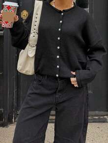 Women Y2k Crew Neck Cardigan Sweater Long Sleeve Button Down Solid Color Top Fall Casual Vintage Lightweight Knitwear - màu đen - Xem 3