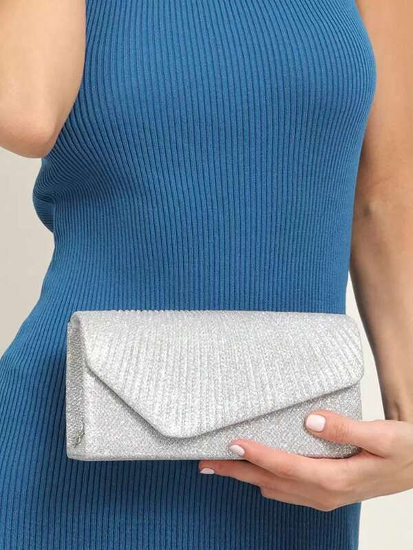 1pc Mini Glitter Shiny Chain Pleated Sequin Clutch Bag, Suitable For Wedding, Party, Evening