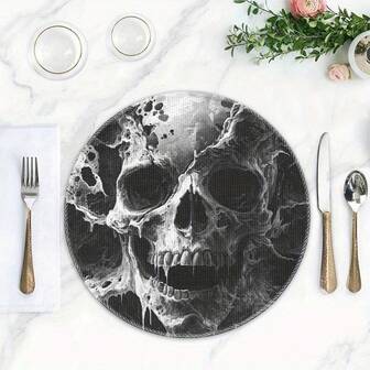 4pcs Halloween Black & White Skull Design Placemats, Non-Slip, Washable, Heat-Resistant, Suitable For Party, Kitchen, Restaurant, Dining Room, Home Decor