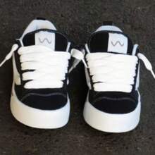 KNU Skool Men's Casual Sneakers, Flat Sole Skater - Thick Laces, Men's Everyday Sneakers - 黑色克努 - 查看 1