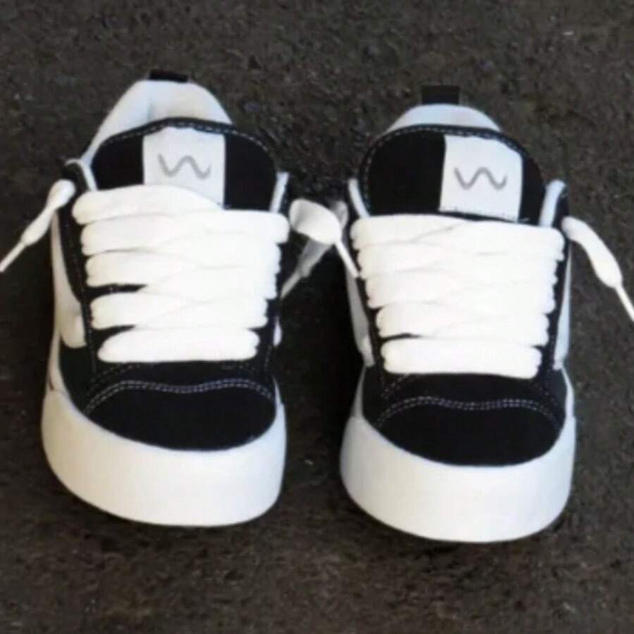 KNU Skool Men's Casual Sneakers, Flat Sole Skater - Thick Laces, Men's Everyday Sneakers - 黑色克努 - 查看 1