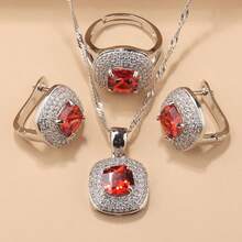 925 Silver-Plated Colorful Cubic Zirconia Square Fashion Party Luxury Quality Wedding Accessories Bridal Elegant Jewelry Set, Women Necklace Pendant Earrings Ring 4pcs, Suitable For Daily Wear, Christmas, Halloween, Thanksgiving And Valentine's Day Gifts - Royal Blue - View 3