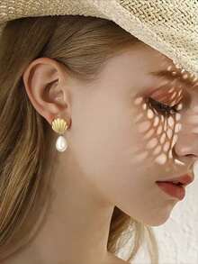 Sea Star Shell Earrings Beach Jewelry Women's Lightweight And Elegant Pearl Water Drop SeaShell Beach Earrings With Sea Charm, Suitable For Summer Vacation Coastal Accessories - 金色 - 查看 4