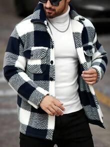 Chaqueta de hombre de felpa, abrigo de solapa de mezcla de lana a cuadros en blanco y negro, estilo casual de calle adecuado para otoño/invierno