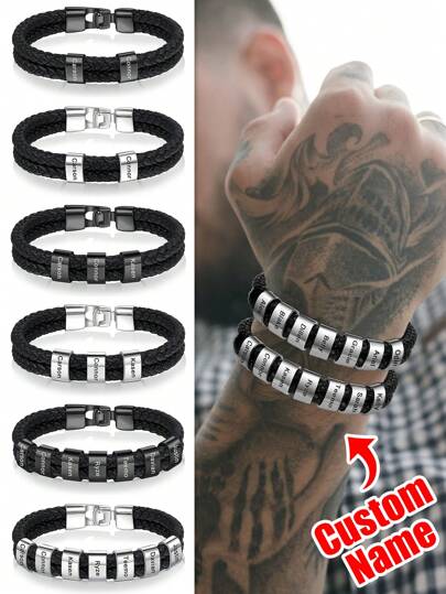 1 st unikt läderarmband för kvinnor och män, anpassningsbara 1-10 namn, graverade armband, anpassade för kvinnor och män, flätade läderarmband, present till mor, far, make, fru, pojkvänner, flickvänner, morfar, mormor, födelsedagar, helgdagar, jul, svart, snygg, vintage, kontrakterad, enkel, unisex, punk, höstmode, gamla pengar, anpassningsbar, personlig