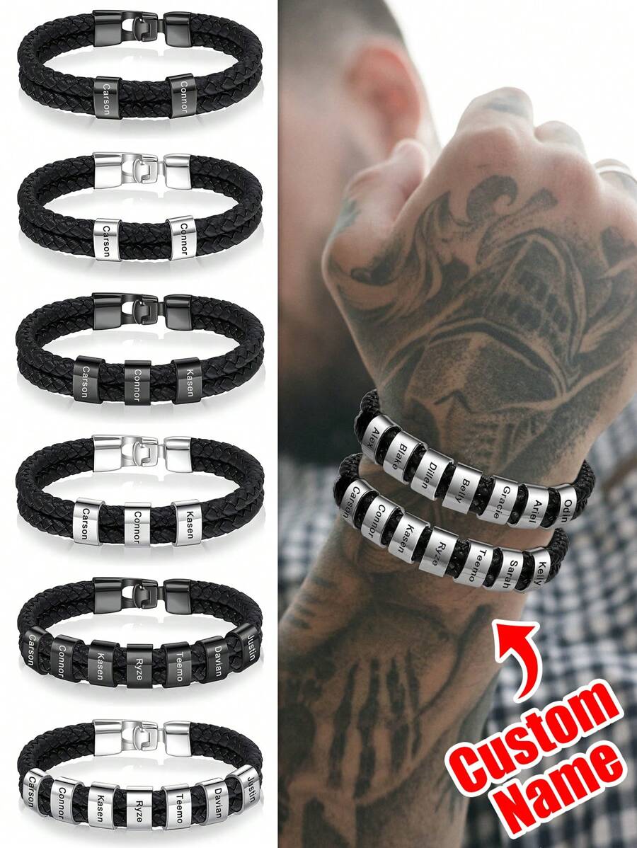 1pc Unique Leather Bracelet For Women Men Custom 1-10 Names Engraved Bracelets Customized Women Men Braided Leather Bracelets Gift For Mother Father Husband Wife Boyfriends Girlfriends Grandpa Grandma Birthdays Holidays Christmas Black Stylish, Vintage, Contracted, Simple, Unisex, Punk, Fall Fashion, Old Money Custom, Personalized - Silver - View 1