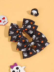 2 piezas Pinzas para el cabello con moños naranja y negro de Halloween para niñas, pinzas para el cabello con moños decorados con calaveras de tela, accesorios para el cabello divertidos como regalo de Halloween para adolescentes - Naranja - Ver 5