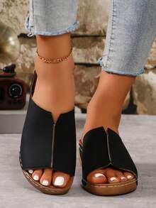 Plus Size Women's Wedge Heel Sandals Slippers, Simple Design, Comfortable Thick Sole Wedge Sandals, Suitable For Outdoor Wear, Cross-Border E-Commerce - Black - View 2