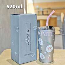 1pc Fashionable Women's Stainless Steel Straw Cup, Portable Vacuum Insulated Beverage Cup, Elegant Floral Drink Cup Gift