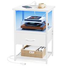 Tomnk 2pcs Modern LED Bedside Table With Charging Station & Fabric Storage Drawers, PU Finish Nightstand For Bedroom - 美規B型插(110-127V) - 查看 11