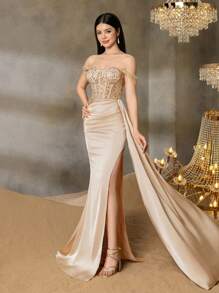 Vestido de noche con lentejuelas para adolescentes de Alisa&Leo - Escote descubierto con Body con cuentas y acentos de cristal, silueta de sirena de satén para graduaciones, bailes de promoción, atuendos de invitados de boda, cenas formales y concursos de belleza