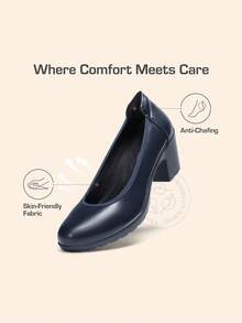 Women's Chunky Round Toe Low Block Heels Work Pumps Elegant Comfortable Solid Color Slip On Wedding Office Gift Festival Shoes - 藏蓝色 - 查看 3